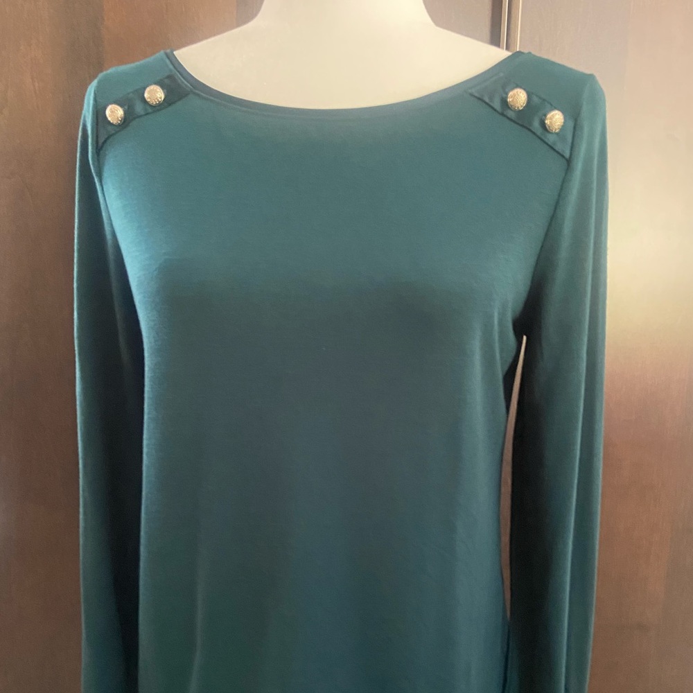 Elegant Dark Green Long Sleeve Blouse accented with gold buttons, WHBM size S